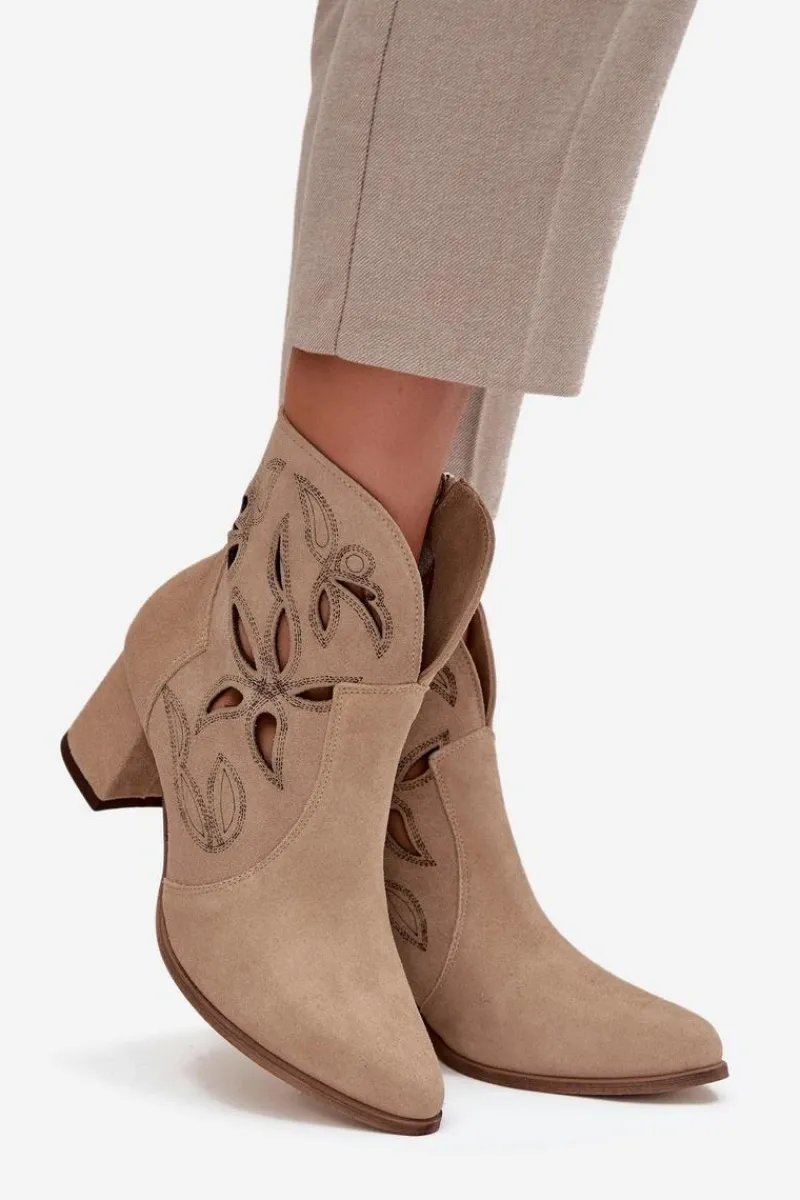 Outlet Zamszowe Ażurowe Botki Damskie Na Słupku 3647 Beżowe Damskie Botki Skórzane|Botki Na Słupku