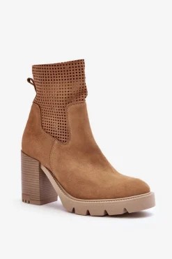 Online Zamszowe Ażurowe Botki Damskie Na Słupku Camel Lewski 3386 Damskie Botki Wiosenne|Botki Skórzane