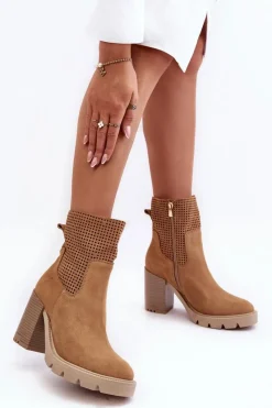 Online Zamszowe Ażurowe Botki Damskie Na Słupku Camel Lewski 3386 Damskie Botki Wiosenne|Botki Skórzane