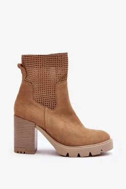 Online Zamszowe Ażurowe Botki Damskie Na Słupku Camel Lewski 3386 Damskie Botki Wiosenne|Botki Skórzane