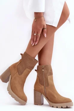 Online Zamszowe Ażurowe Botki Damskie Na Słupku Camel Lewski 3386 Damskie Botki Wiosenne|Botki Skórzane