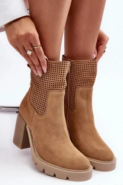 Online Zamszowe Ażurowe Botki Damskie Na Słupku Camel Lewski 3386 Damskie Botki Wiosenne|Botki Skórzane