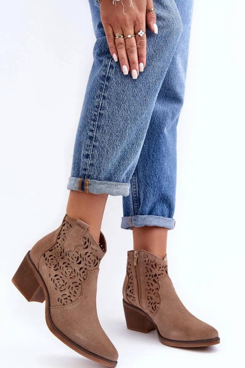 Botki Wiosenne|Botki Skórzane>Damskie buty S.Barski Zamszowe Ażurowe Botki Kowbojki D&A SN622-21 Ciemnobeżowe
