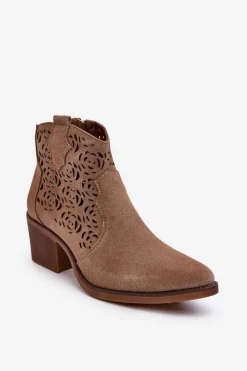 Botki Wiosenne|Botki Skórzane>Damskie buty S.Barski Zamszowe Ażurowe Botki Kowbojki D&A SN622-21 Ciemnobeżowe