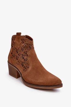 New Zamszowe Ażurowe Botki Kowbojki D&A SN622-21 Camel Damskie Botki Wiosenne|Botki Skórzane