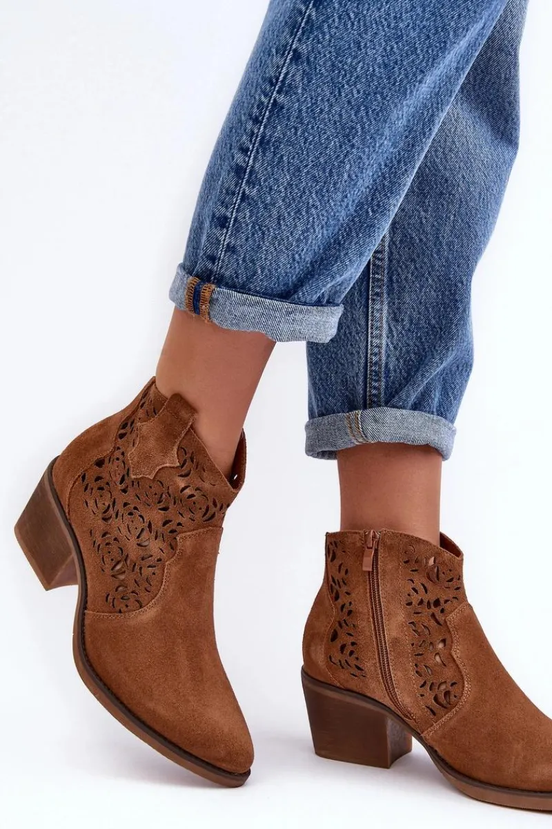 New Zamszowe Ażurowe Botki Kowbojki D&A SN622-21 Camel Damskie Botki Wiosenne|Botki Skórzane