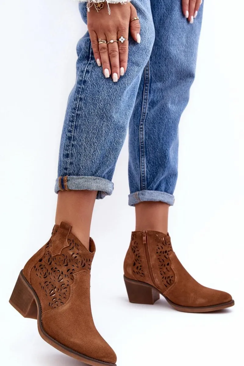 New Zamszowe Ażurowe Botki Kowbojki D&A SN622-21 Camel Damskie Botki Wiosenne|Botki Skórzane