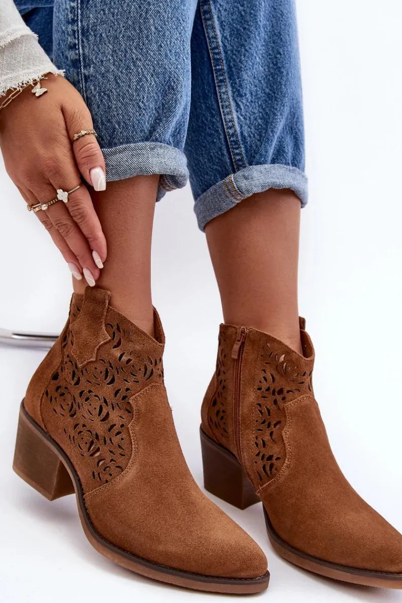 New Zamszowe Ażurowe Botki Kowbojki D&A SN622-21 Camel Damskie Botki Wiosenne|Botki Skórzane