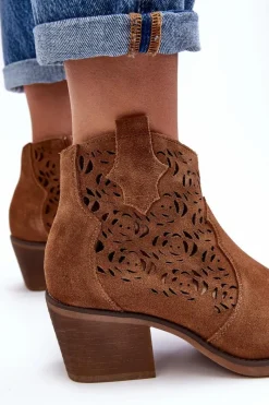 New Zamszowe Ażurowe Botki Kowbojki D&A SN622-21 Camel Damskie Botki Wiosenne|Botki Skórzane