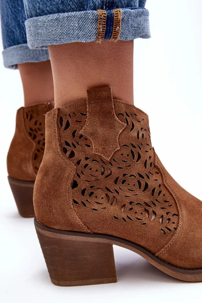 New Zamszowe Ażurowe Botki Kowbojki D&A SN622-21 Camel Damskie Botki Wiosenne|Botki Skórzane