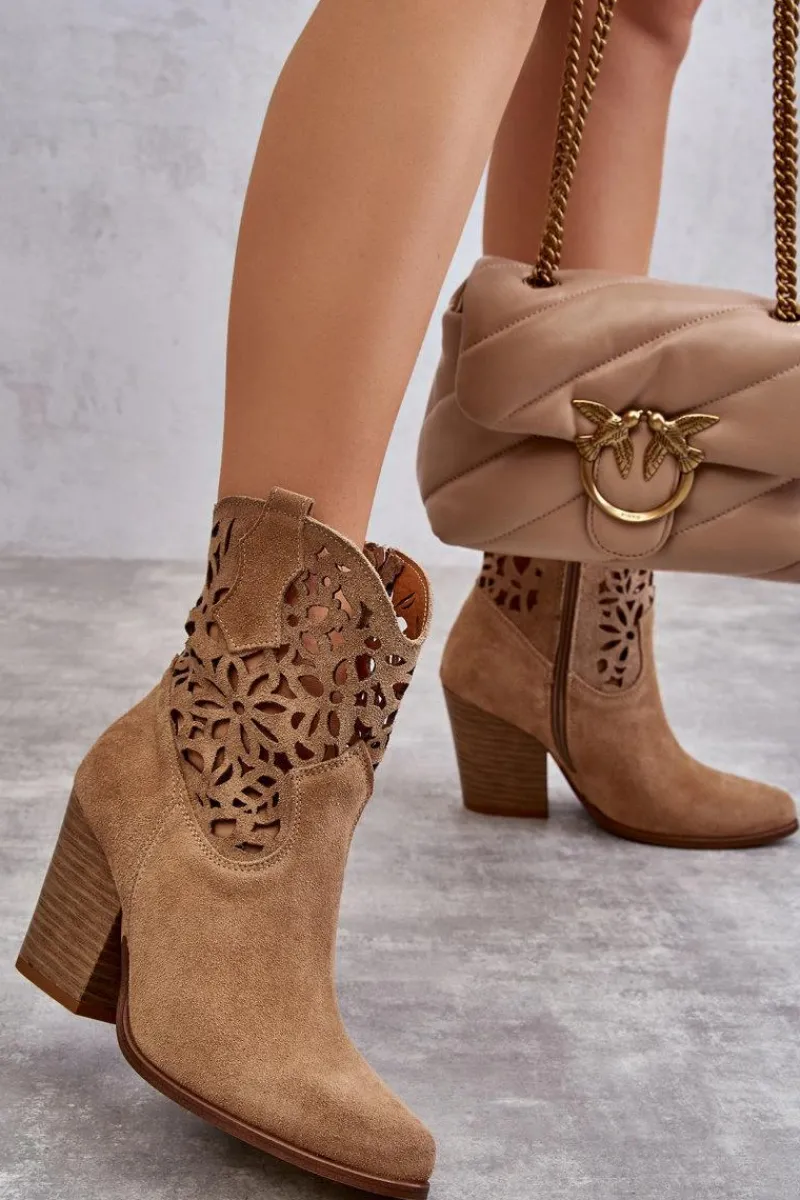Discount Zamszowe Ażurowe Botki Kowbojki Lewski Shoes 3265 Ciemnobeżowe Damskie Botki Wiosenne|Botki Na Słupku