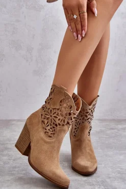 Discount Zamszowe Ażurowe Botki Kowbojki Lewski Shoes 3265 Ciemnobeżowe Damskie Botki Wiosenne|Botki Na Słupku
