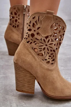 Discount Zamszowe Ażurowe Botki Kowbojki Lewski Shoes 3265 Ciemnobeżowe Damskie Botki Wiosenne|Botki Na Słupku
