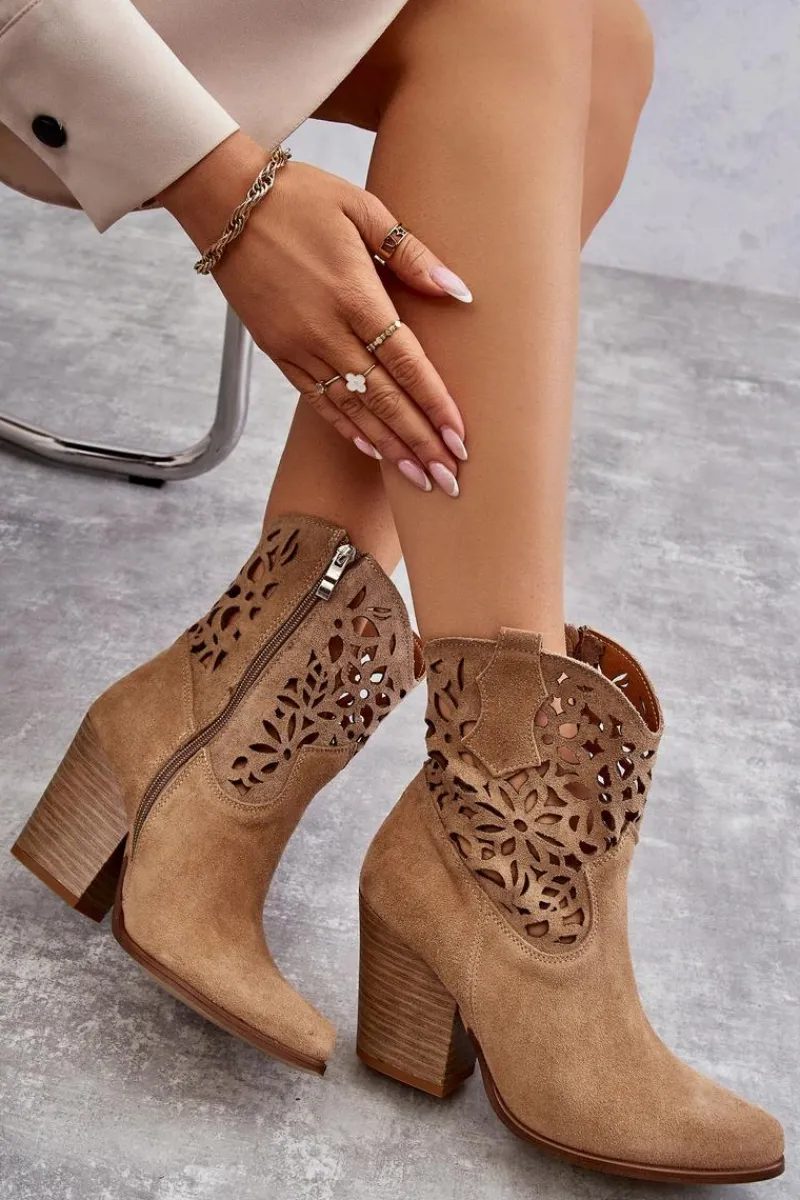 Discount Zamszowe Ażurowe Botki Kowbojki Lewski Shoes 3265 Ciemnobeżowe Damskie Botki Wiosenne|Botki Na Słupku