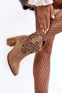 Botki Wiosenne|Botki Skórzane>Boto Zamszowe Ażurowe Botki Lewski Shoes 3264 Ciemnobeżowe