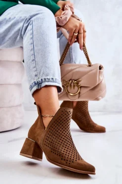Sale Zamszowe Ażurowe Botki Lewski Shoes 3165 Camel Damskie Botki Wiosenne|Botki Na Słupku