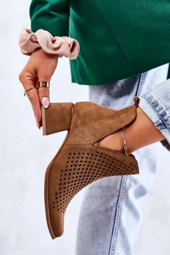 Sale Zamszowe Ażurowe Botki Lewski Shoes 3165 Camel Damskie Botki Wiosenne|Botki Na Słupku