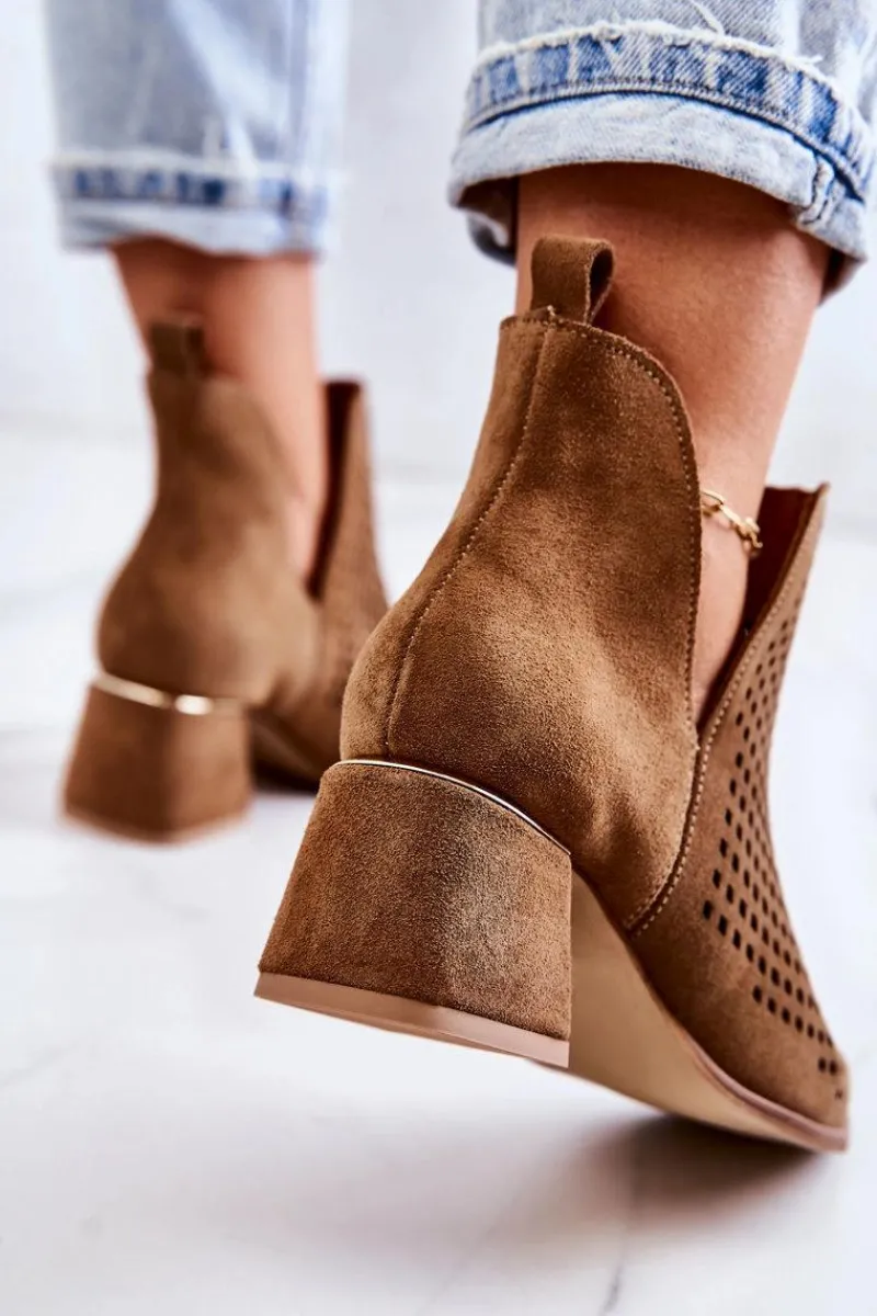 Sale Zamszowe Ażurowe Botki Lewski Shoes 3165 Camel Damskie Botki Wiosenne|Botki Na Słupku