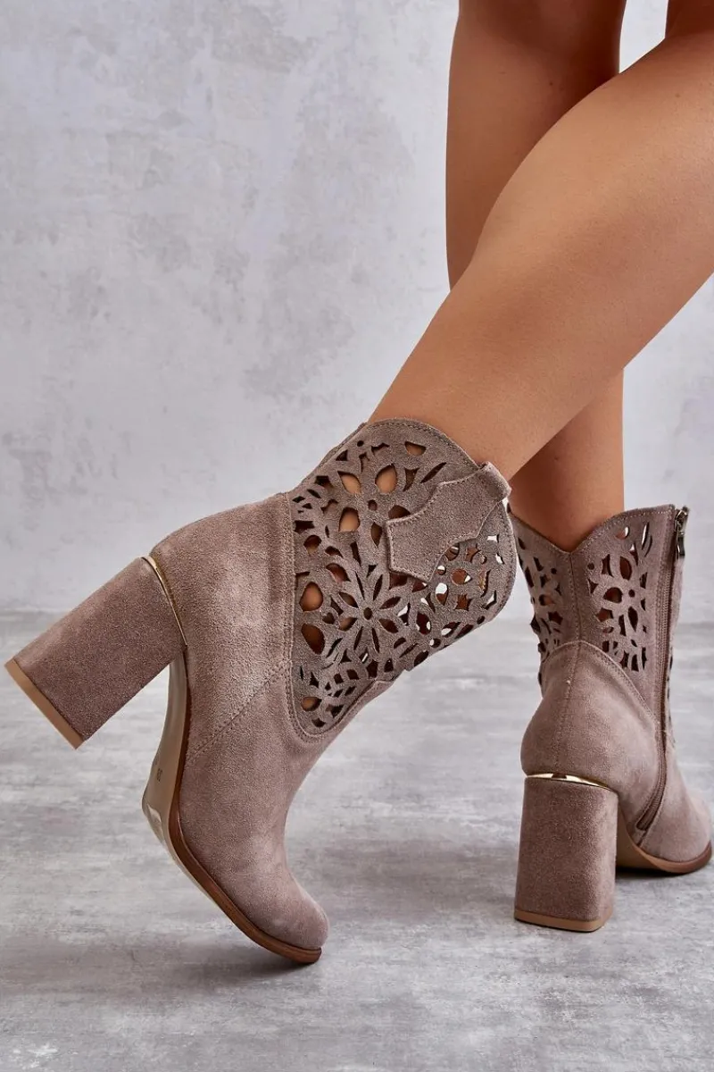 Discount Zamszowe Ażurowe Botki Lewski Shoes 3264 Jasnobrązowe Damskie Botki Wiosenne|Botki Skórzane