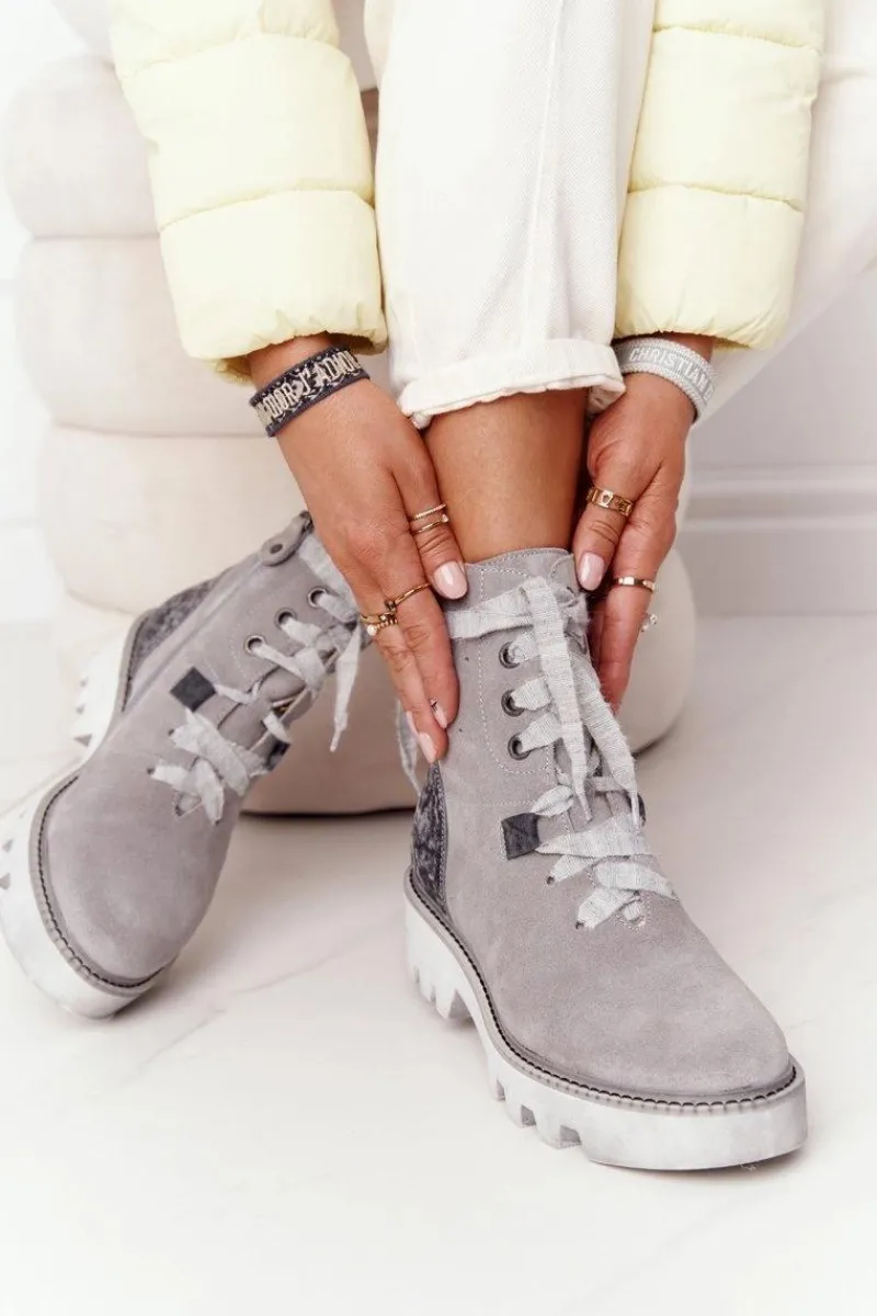 Outlet Zamszowe Ażurowe Botki Popielate 05033-03 Damskie Botki Wiosenne|Botki Maciejka