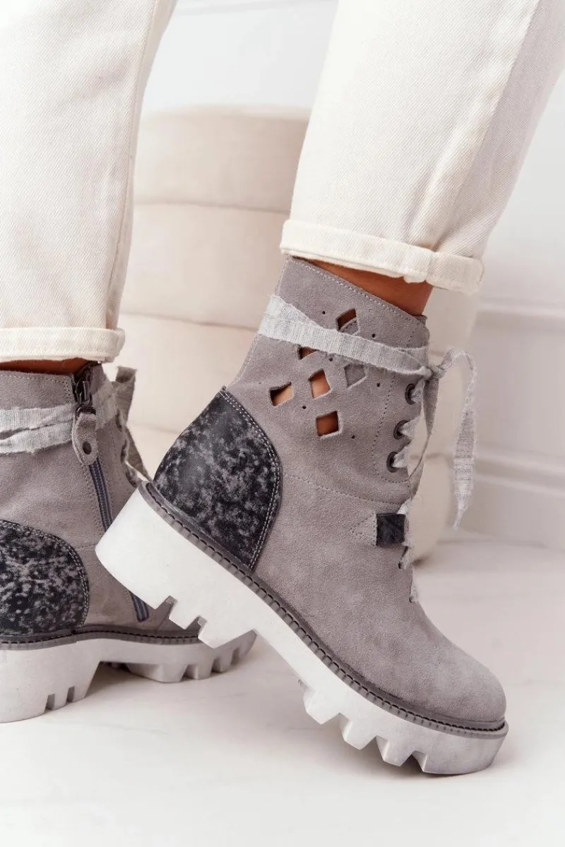 Outlet Zamszowe Ażurowe Botki Popielate 05033-03 Damskie Botki Wiosenne|Botki Maciejka