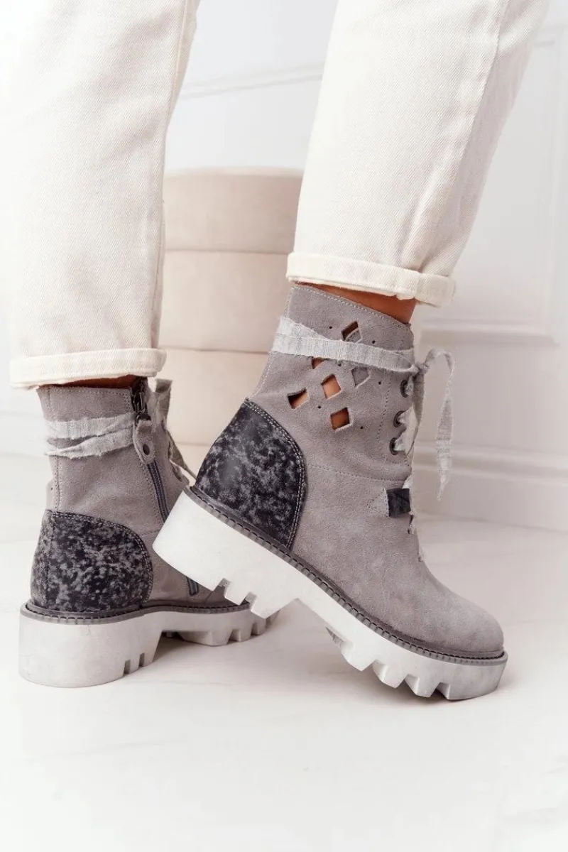Outlet Zamszowe Ażurowe Botki Popielate 05033-03 Damskie Botki Wiosenne|Botki Maciejka