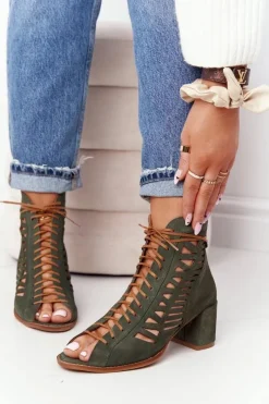 Zamszowe Ażurowe Botki Zielone 04040-09 Damskie Botki Wiosenne|Botki Maciejka