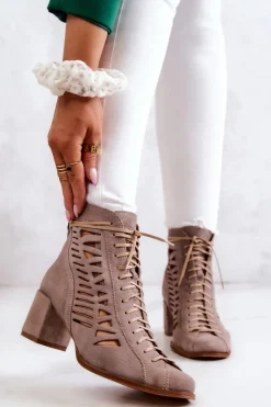 Sale Zamszowe Ażurowe Botki 05508-04 Beżowe Damskie Botki Wiosenne|Botki Maciejka
