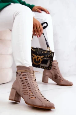 Sale Zamszowe Ażurowe Botki 05508-04 Beżowe Damskie Botki Wiosenne|Botki Maciejka