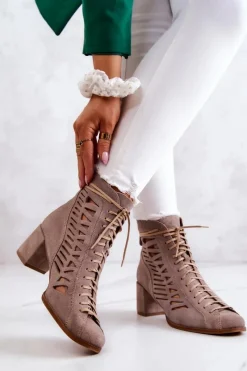Sale Zamszowe Ażurowe Botki 05508-04 Beżowe Damskie Botki Wiosenne|Botki Maciejka
