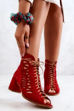 New Maciejka Zamszowe Ażurowe Botki Czerwone 04040-08