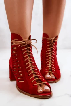 New Maciejka Zamszowe Ażurowe Botki Czerwone 04040-08