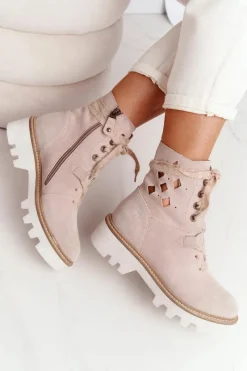 Sale Maciejka Zamszowe Ażurowe Botki Beżowe 05033-04