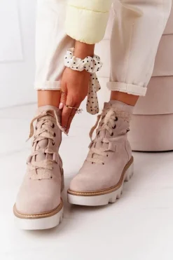 Sale Maciejka Zamszowe Ażurowe Botki Beżowe 05033-04