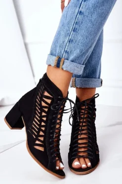 Zamszowe Ażurowe Botki 04040-01 Czarne Damskie Botki Wiosenne|Botki Maciejka