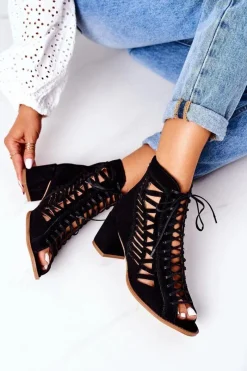Zamszowe Ażurowe Botki 04040-01 Czarne Damskie Botki Wiosenne|Botki Maciejka