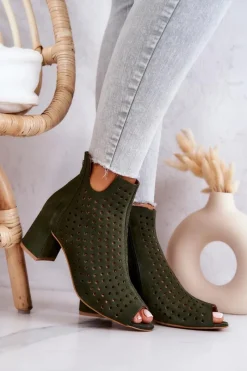 Hot Zamszowe Ażurowe Botki 05420-09 Zielone Damskie Botki Wiosenne|Botki Maciejka