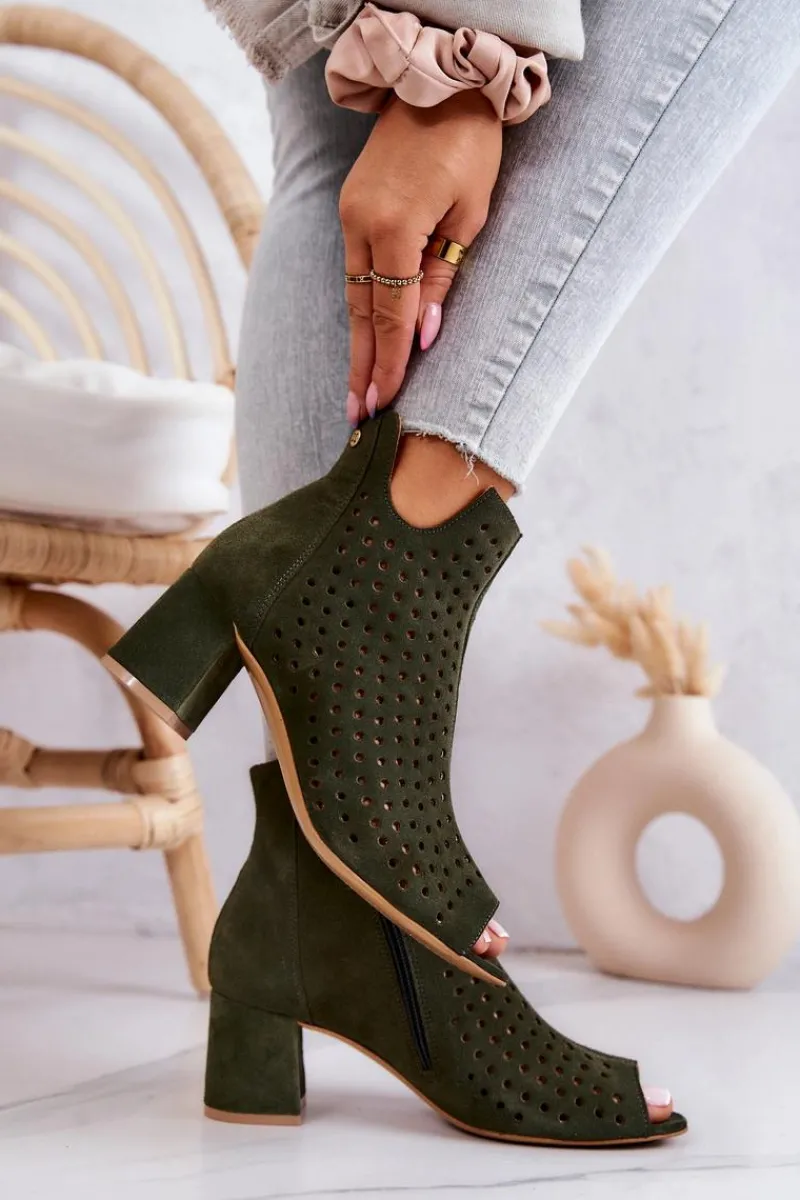 Hot Zamszowe Ażurowe Botki 05420-09 Zielone Damskie Botki Wiosenne|Botki Maciejka