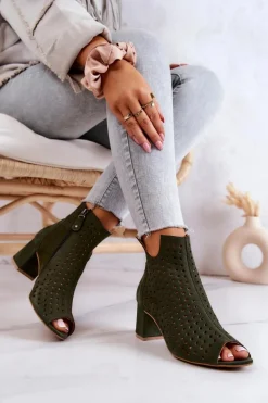 Hot Zamszowe Ażurowe Botki 05420-09 Zielone Damskie Botki Wiosenne|Botki Maciejka