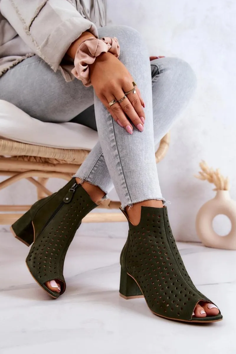 Hot Zamszowe Ażurowe Botki 05420-09 Zielone Damskie Botki Wiosenne|Botki Maciejka