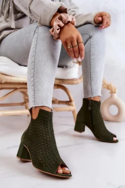 Hot Zamszowe Ażurowe Botki 05420-09 Zielone Damskie Botki Wiosenne|Botki Maciejka