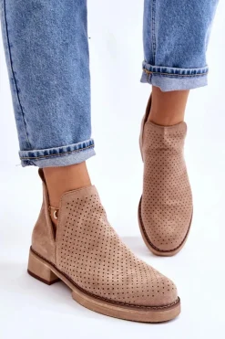 Outlet Zamszowe Ażurowe Botki Na Płaskim Obcasie Ciemnobeżowe Angie Damskie Botki Wiosenne|Botki Ażurowe