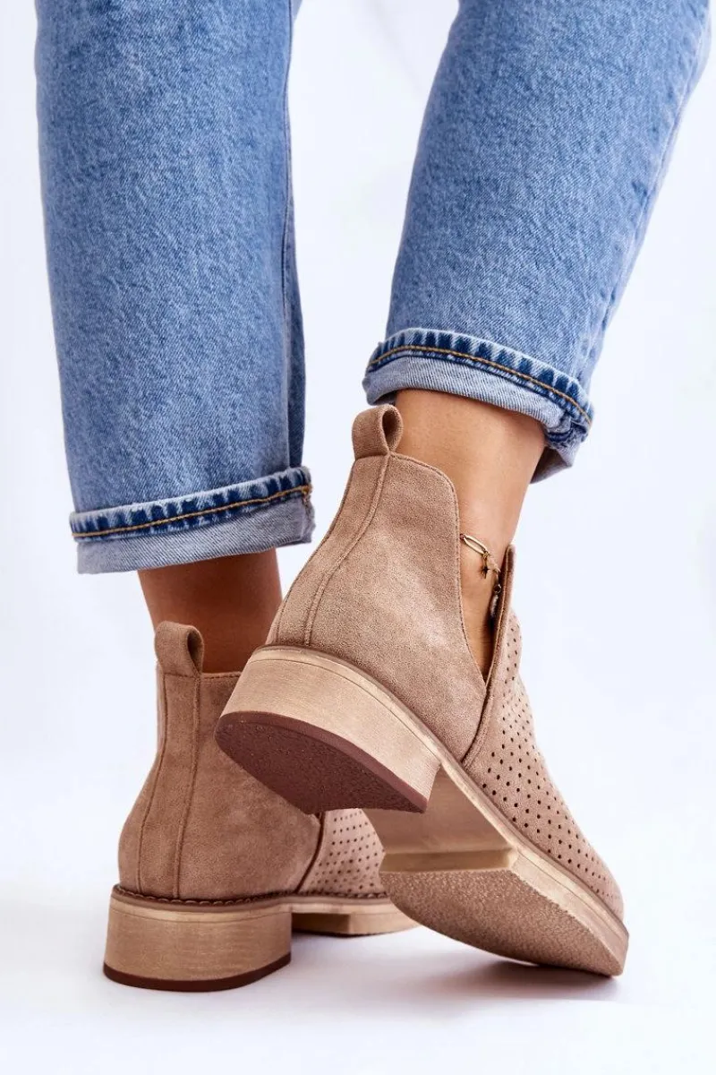 Outlet Zamszowe Ażurowe Botki Na Płaskim Obcasie Ciemnobeżowe Angie Damskie Botki Wiosenne|Botki Ażurowe