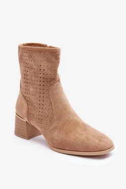 Best Boto Zamszowe Ażurowe Botki Na Obcasie Ciemnobeżowe Perale