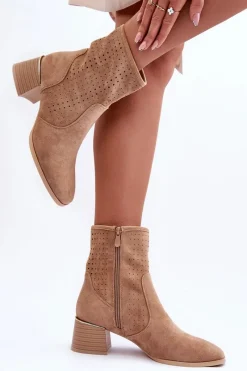 Best Boto Zamszowe Ażurowe Botki Na Obcasie Ciemnobeżowe Perale