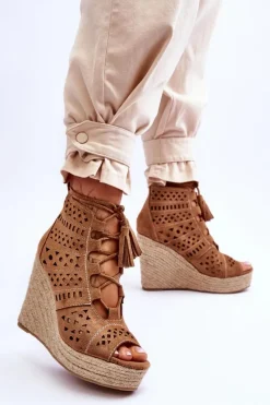 Clearance Zamszowe Ażurowe Botki Na Koturnie Camel Berthe Damskie Botki Wiosenne|Botki Na Koturnie