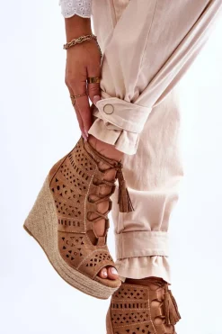 Clearance Zamszowe Ażurowe Botki Na Koturnie Camel Berthe Damskie Botki Wiosenne|Botki Na Koturnie