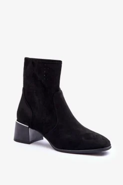 Online Zamszowe Ażurowe Botki Na Obcasie Czarne Perale Damskie Botki Wiosenne|Czarne Botki