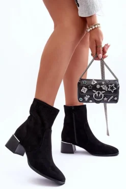Online Zamszowe Ażurowe Botki Na Obcasie Czarne Perale Damskie Botki Wiosenne|Czarne Botki