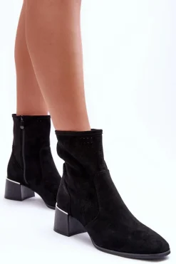 Online Zamszowe Ażurowe Botki Na Obcasie Czarne Perale Damskie Botki Wiosenne|Czarne Botki